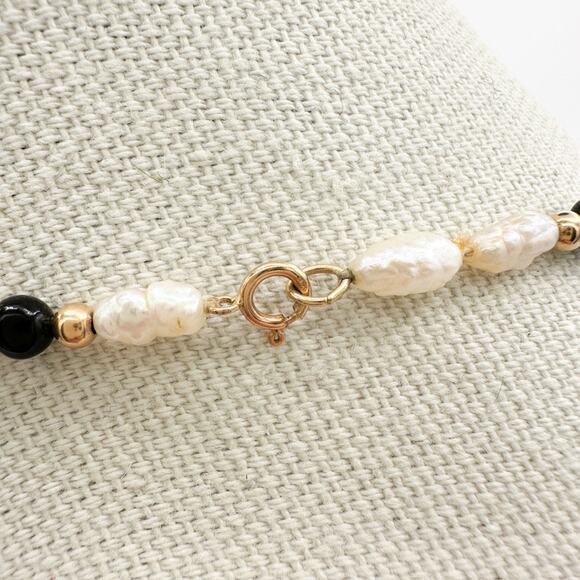 14k Yellow Gold Estate Freshwater Pearl and Black Onyx Necklace Vintage Estate - Picture 9 of 13